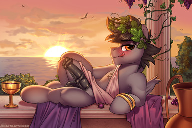 alcohol animal_genitalia animal_penis beverage black_hair blush clothed clothed_feral clothing container cup equine_genitalia equine_penis feral food fruit genitals glistening glistening_genitalia glistening_penis goblet grape grey_body hair looking_at_viewer male medial_ring orange_eyes penis plant seductive solo toga wine wings jedayskayvoker hasbro my_little_pony mythology fan_character vectored_thrust_(character) ambient_bird equid equine mammal mythological_creature mythological_equine pegasus 2025 3:2 alternate_version_at_source hi_res