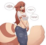 bottomwear breasts brown_eyes brown_hair clothing collar female fluffy fluffy_tail hair linked_speech_bubble medium_breasts navel open_mouth pants pokeball pokeball_collar shirt simple_background solo speech_bubble tail text topwear white_background white_clothing white_shirt white_topwear luxurias nintendo pokemon furret generation_2_pokemon humanoid pokemon_(species) pokemon_humanoid 2024 absurd_res english_text hi_res