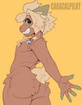 absurd_res anthro blonde_hair bovid brown_body brown_fur butt caprine caracalpilot ear_piercing ear_ring floppy_ears fur gauged_ear goat grin hair hi_res horizontal_pupils horn male mammal novan_(character) nude piercing pupils ring_piercing simple_background smile solo wide_eyed yellow_background