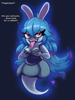 anthro blue_hair breasts clothed clothed_anthro clothed_female clothing female female_anthro floating fur glowing glowing_eyes hair heart_symbol holding_breast legless light long_hair purple_eyes rabbit_ears shortstack solo text tongue tongue_out white_body white_fur triggerpigart mario_bros mario_plus_rabbids_sparks_of_hope nintendo raving_rabbids rayman_(series) ubisoft midnite_(mario_plus_rabbids) spark_hunter ghost hybrid lagomorph mammal rabbid spirit 3:4 colored crossover digital_drawing_(artwork) digital_media_(artwork) hi_res lighting shaded