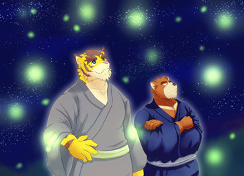 anthro asian_clothing blue_eyes clothing detailed_background east_asian_clothing fur japanese_clothing kimono male male/male night plant star striped_body striped_fur stripes tree wo morenatsu juuichi_mikazuki torahiko_ooshima ambient_arthropod ambient_firefly ambient_insect arthropod bear beetle elateroid felid insect mammal pantherine tiger 2023