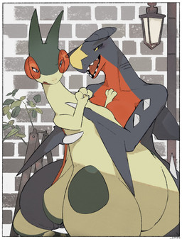 3_fingers anthro arm_between_breasts big_breasts black_body black_sclera bodily_fluids bottom_heavy breast_size_difference breasts brick brick_wall claws curled_tail detailed_background duo entwined_tails featureless_breasts featureless_crotch female female/female fin finger_claws fingers green_body hand_between_breasts leaning leaning_backward multicolored_body narrowed_eyes nervous nervous_sweat non-mammal_breasts nude plant purple_eyes red_body small_breasts spikes spikes_(anatomy) street_lamp sweat tail tail_coil unwanted_attention wall_(structure) wide_hipped_anthro wide_hipped_female wide_hips wings yellow_body yellow_eyes sme4 nintendo pokemon flygon garchomp generation_3_pokemon generation_4_pokemon pokemon_(species) 2026 hi_res japanese_description