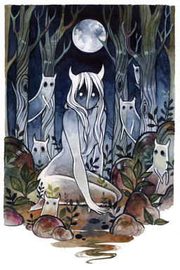 2_horns ambiguous_gender breasts casual_nudity female forest group hair horn looking_at_viewer monster_girl_(genre) moon night not_furry plant sitting translucent translucent_body tree white_body white_hair feefal ghost humanoid mammal spirit hi_res painting_(artwork) watercolor_(artwork)