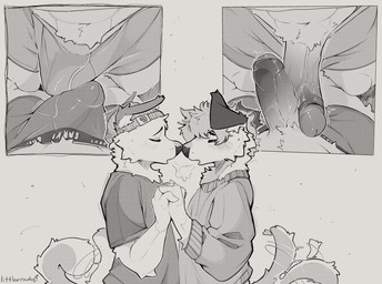 animal_ears anthro arm_tuft beanie blush blush_lines boxer_briefs breath bulge bulge_frottage clothing duo elbow_tuft erection eyes_closed foreskin frottage frottage_through_clothing genitals hand_holding hat headgear headwear inner_ear_fluff male male/male motion_lines neck_tuft nose_to_nose open_mouth penile penis penises_touching retracted_foreskin sex shirt simple_background standing sweater t-shirt tail tail_motion tailwag text topwear tuft underwear unretracted_foreskin vein veiny_penis littlearrowdog canid canine mammal artist_name greyscale hi_res monochrome sequence