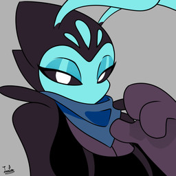 3_fingers antennae_(anatomy) anthro big_breasts biped black_body black_sclera blue_kerchief breasts cleavage clothed clothing eyelashes eyeshadow fellatio_gesture female fingers gesture kerchief makeup mouthless noseless pupils simple_background solo suggestive suggestive_gesture tight_clothing white_pupils leyla0223 cartoon_network px_0-25 alien 1:1 2d_animation animated animated_gif hi_res loop short_playtime