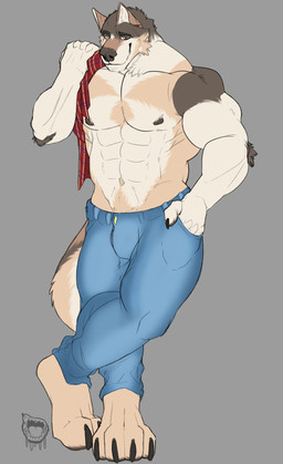 abs anthro arm_tuft bedroom_eyes biceps big_feet big_muscles big_pecs biped blue_bottomwear blue_clothing blue_jeans blue_pants bottomwear chin_tuft claws clothed clothing crossed_legs denim denim_bottomwear denim_clothing elbow_tuft eyebrows facial_tuft feet finger_claws front_view fur grey_background grin grinning_at_viewer inner_ear_fluff jeans looking_at_viewer male mouth_closed multicolored_body multicolored_fur muscular narrowed_eyes navel neck_tuft orange_eyes pants pants_only pattern_clothing paws pecs plaid plaid_clothing raised_eyebrows seductive simple_background smile smiling_at_viewer smug_grin snout solo standing tan_body tan_fur toe_claws topless topless_male tuft kyojufolf alfonso_(raccsdatfapps) canid canine canis iberian_wolf mammal wolf 2023 digital_drawing_(artwork) digital_media_(artwork) digital_painting_(artwork) flat_colors full-length_portrait hi_res painting_(artwork) portrait watermark