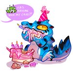 ambiguous_gender birthday_cake blue_body cake clothing dessert feral food green_hair hair hat headgear headwear party_hat simple_background solo spots white_body yellow_eyes fivel scampi crocodilian reptile scalie 1:1