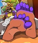 5_toes dark_body dark_skin dialogue feet female finger_gun foot_focus gesture hand_gesture humanoid_feet humanoid_pointy_ears one_eye_closed plantigrade purple_fingers purple_toes soles solo text toes wink mostlyfunstuff nintendo splatoon frye_(splatoon) animal_humanoid cephalopod cephalopod_humanoid humanoid inkling marine marine_humanoid mollusk mollusk_humanoid absurd_res english_text hi_res