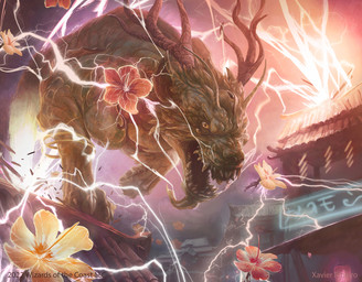 ambiguous_gender antlers building claws destruction electricity electricity_manipulation elemental_manipulation feral flower horn lamp lantern lightning multi_eye on_roof open_mouth paper_lantern plant sharp_teeth sign solo teeth xavier_ribeiro asian_mythology east_asian_mythology hasbro japanese_mythology magic:_the_gathering mythology wizards_of_the_coast canid mammal raiju yokai 2022 digital_media_(artwork) hi_res official_art