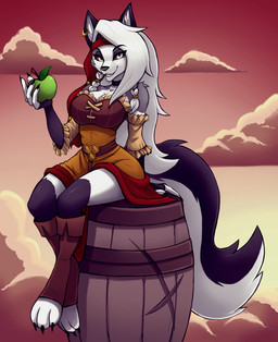 3_toes 4_fingers accessory anthro apple barrel black_nose breasts clothed clothed_anthro clothed_female clothing dress feet female fingers food fruit fur grey_body grey_fur grey_hair hair headband hindpaw humanoid_hands outside paws pirate plant red_sclera sitting solo teeth toes white_body white_eyes white_fur naaraskettu hellaverse helluva_boss mythology loona_(helluva_boss) canid canid_demon canine demon hellhound mammal mythological_canine mythological_creature absurd_res hi_res