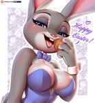 anthro blush breasts dialogue easter_egg eyelashes female fur grey_body grey_fur holidays looking_at_viewer pupils purple_eyes simple_background smile solo text three-quarter_view pak009 disney easter zootopia judy_hopps lagomorph leporid mammal rabbit 2025 hi_res
