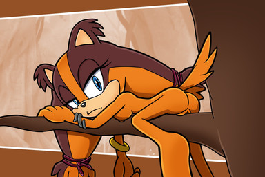 anthro big_feet black_nose blue_eyes bracelet branch breasts brown_body brown_fur butt feet female fur genitals jewelry lying narrowed_eyes nipples nude nude_female on_front orange_body plant solo tail tree vulva lisnotsfw sega sonic_boom sonic_the_hedgehog_(series) sticks_the_jungle_badger badger mammal mustelid musteline 3:2 hi_res