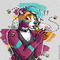 alternate_species anthro bee_sting blue_hair female food hair heterochromia honey_(food) pain piercing simple_background solo surprised sydney_onmars sydney_(sydney_onmars) arthropod bear bee brown_bear grizzly_bear hymenopteran insect mammal ursine 1:1 absurd_res digital_drawing_(artwork) digital_media_(artwork) hi_res nonbinary_(lore)