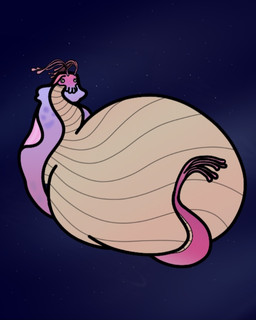 antenna_hair antennae_(anatomy) belly big_belly female hair huge_belly hyper hyper_belly lying no_limbs on_back overweight purple_body solo space tan_body glaceonjam disney elio_(pixar) pixar ambassador_questa alien