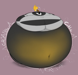 anthro belly belly_blush belly_expansion big_belly blush body_blush body_inflation bomb close_to_bursting clothing creaking expansion explosives grey_clothing huge_belly hyper hyper_belly hyper_inflation imminent_explosion immobile implied_popping inflation motion_lines onomatopoeia pink_background simple_background sound_effects spherical_inflation text torn_clothing yellow_blush smokey_blokey 2024 absurd_res hi_res