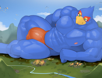 abs aircraft airplane anthro beak biceps big_muscles biped blue_body blue_feathers bulge city clothing destruction detailed_bulge feathers giga looking_down lying macro male muscular muscular_anthro muscular_male nipples non-mammal_nipples pecs red_clothing red_underwear smoke solo speedo swimwear underwear vehicle namutree nintendo star_fox falco_lombardi avian bird absurd_res hi_res