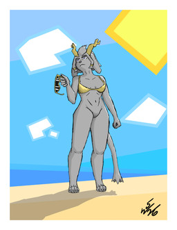 4_toes 5_fingers anthro antlers bangs beach bikini bikini_top biped blue_eyes border bottomless breasts claws clothed clothed_anthro clothing cloud diamond_pupils digitigrade eyewear featureless_crotch feet female fingers floppy_ears geometric_background gold_bikini grey_body grey_nose hair holding_object horn long_bangs looking_aside looking_away lop_ears midriff navel paws pupils resting_bitch_face side_bangs simple_background solo standing sunglasses swimwear tail three-quarter_view toe_claws toes topwear tuft two-piece_swimsuit unusual_pupils white_border white_pupils white_sclera just_w golden_week pseudoregalia sybil_(pseudoregalia) jackalope lagomorph mammal 2026 absurd_res cel_shading colored dated digital_media_(artwork) english_description full-length_portrait hi_res portrait shaded signature