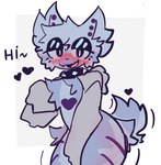 ambiguous_gender anthro blue_body blue_fur blush collar fur greeting half-closed_eyes heart_symbol looking_at_viewer narrowed_eyes simple_background solo spiked_collar spikes tail tail_motion tailwag text white_background squawq