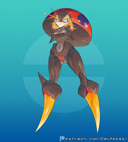 antennae_(anatomy) breasts crossed_arms dark_body dark_skin exoskeleton eyelashes female floating genitals glowing glowing_eyes hair long_eyelashes long_legs looking_down low-angle_view monster_girl_(genre) nipples nude pokemorph slim small_breasts solo vulva dex_appeal nintendo pokemon arthropod generation_8_pokemon humanoid insect orbeetle pokemon_(species) hi_res