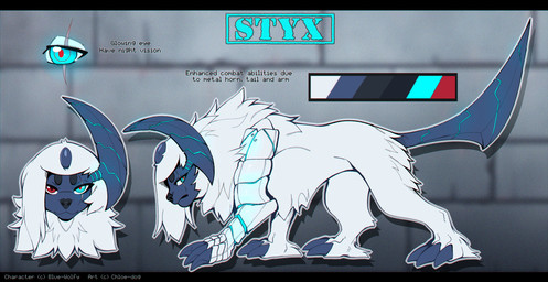 3_toes blue_eyes claws cybernetic_arm cybernetic_limb eye_scar facial_scar feet feral front_view fur heterochromia horn looking_at_viewer looking_back male red_eyes scar side_view solo standing text toe_claws toes white_body white_fur chloe-dog nintendo pokemon styx_(blue-wolfy) absol generation_3_pokemon pokemon_(species) 2026 absurd_res digital_drawing_(artwork) digital_media_(artwork) english_text hi_res model_sheet