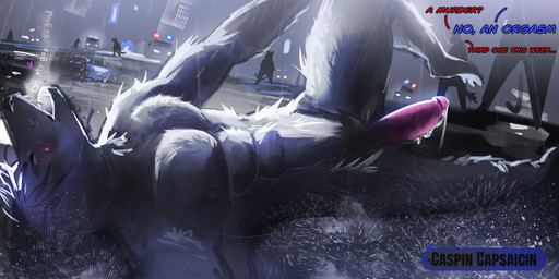 anthro bodily_fluids cum genital_fluids genitals humor male penis raining solo caspincapsaicin canid canine canis domestic_dog mammal wolf hi_res meme