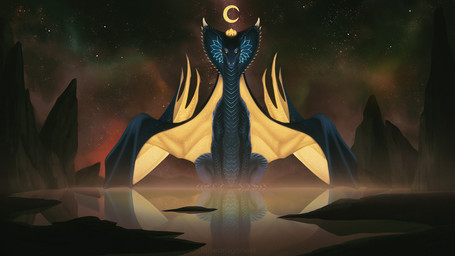ambiguous_gender blue_body blue_membrane blue_scales claws empty_eyes feral front_view glowing glowing_markings glowing_wings markings membrane_(anatomy) membranous_wings night orange_claws reflection rock scales sitting snake_hood solo star ventral_scales water wings yellow_eyes yellow_membrane jadedragoness mythology dragon mythological_creature mythological_scalie scalie 16:9 hi_res widescreen