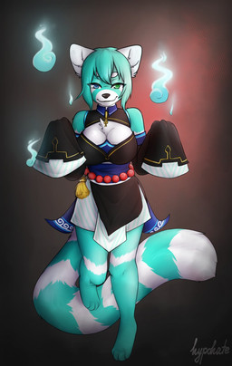 4_toes anthro asian_clothing barefoot blue_eyes clothing east_asian_clothing feet female fur green_body green_eyes green_fur green_hair hair heterochromia japanese_clothing markings ring_(marking) ringed_tail slightly_chubby solo striped_markings striped_tail stripes tail tail_markings toes white_body white_fur hypohate asian_mythology east_asian_mythology japanese_mythology mythology mime_(mimechan) ailurid ghost mammal red_panda spirit hi_res