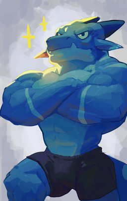 2_horns anthro big_muscles black_bottomwear black_clothing blue_body blue_scales bottomwear clothed clothing countershade_face countershade_neck countershade_torso countershading crossed_arms flesh_fang front_view furrowed_eyebrows head_horn horn male mouth_closed multicolored_body muscular scales shorts solo sparkles striped_arms tail topless two_tone_body underbite vein veiny_muscles goofyahdragons lizard reptile scalie 2024 absurd_res digital_drawing_(artwork) digital_media_(artwork) hi_res portrait three-quarter_portrait