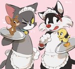 anthro apron black_body black_fur brown_body brown_fur clothed clothing crossdressing fur grey_body grey_fur group heart_symbol maid_headdress maid_uniform male simple_background uniform whiskers white_body white_fur yellow_body gz8ty looney_tunes metro-goldwyn-mayer tom_and_jerry warner_brothers jerry_mouse sylvester_(looney_tunes) thomas_cat tweety_bird avian felid feline mammal mouse murid murine rodent 2023 crossover hi_res