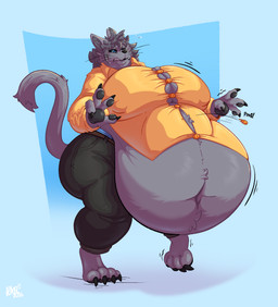 anthro belly belly_overhang big_belly blue_eyes bodily_fluids button_(fastener) button_pop clothing collared_shirt dress_shirt female fur grey_body grey_fur hair huge_belly male navel nervous obese obese_anthro obese_female overweight overweight_anthro overweight_female shirt simple_background solo sweat sweatdrop tail thick_thighs tight_clothing tight_topwear topwear wardrobe_malfunction weight_gain awoogasm voxelcubed quinn_(voxelcubed) domestic_cat felid feline felis mammal digital_media_(artwork) hi_res