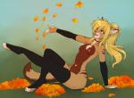 anthro arm_warmers armwear autumn blonde_hair blue_eyes breasts clothing female hair legwear navel nipples nude playful solo thigh_highs ajna katida sahara_(skimike) felid mammal 2016