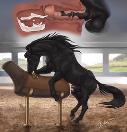 animal_genitalia animal_penis balls black_balls black_body black_mane black_penis black_tail bodily_fluids breeding_mount brown_eyes cum cum_splatter ejaculation equine_genitalia equine_penis erection feral flared_penis genital_fluids genitals internal male male_feral mane medial_ring open_mouth penis pink_penis side_view solo tail vein veiny_penis rufciu equid equine horse mammal 2024 dated hi_res signature