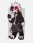 3_toes anthro cellphone clothed clothing collar electronics feet jacket male phone piercing smartphone solo spiked_collar spikes toes topwear woblyear nintendo pokemon generation_7_pokemon lycanroc midnight_lycanroc pokemon_(species) absurd_res hi_res