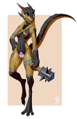 anthro black_body black_countershading blue_eyes breasts countershading digitigrade female genitals hand_on_hip holding_object holding_weapon kerchief kerchief_only long_tail looking_away mace melee_weapon mostly_nude neckerchief neckerchief_only neckwear nipples on_one_leg open_mouth open_smile scales sharp_teeth smile solo standing tail teeth vulva weapon womb_tattoo yellow_body yellow_scales w4g4 microsoft the_elder_scrolls moxxi_(bastiel) argonian scalie 2020 absurd_res hi_res