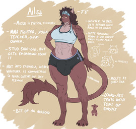 anthro big_breasts big_bulge bottomwear bra breasts bulge clothing gynomorph hair intersex muscular muscular_gynomorph muscular_intersex shorts solo sports_bra text thick_thighs underwear dreamy_pride felid mammal pantherine 2025 absurd_res english_text hi_res model_sheet
