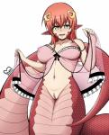 apode areola blush breasts clothing cute_fangs eyelashes fangs female genitals hair legless lingerie looking_at_viewer monster_girl_(genre) navel nipples open_mouth orange_hair pussy red_body red_scales scales serpentine simple_background solo split_form teeth juliantheturtle monster_musume miia_(monster_musume) animal_humanoid draconcopode humanoid lamia reptile reptile_humanoid scalie scalie_humanoid snake snake_humanoid absurd_res hi_res