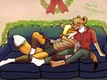 5_toes anthro barefoot clothing cuddling duo feet furniture holidays lights male male/male pawpads sofa soles toes jaxneesen christmas canid canine fox mammal mustelid musteline true_musteline weasel 4:3 hi_res