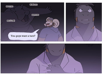 ambiguous_gender anthro beard clothed clothing dialogue facial_hair feral group humor male night speech_bubble text trio phwog echo_(game) echo_(series) echo_project carl_hendricks flynn_moore bighorn_sheep bovid caprine common_hippopotamus gila_monster helodermatid hippopotamid lizard mammal reptile scalie sheep 4:3 comic english_text hi_res