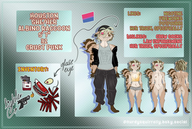 albino alternative_fashion anthro bisexual_pride_colors crust_punk female genitals highlights_(coloring) lgbt_pride muscular muscular_female nude nude_anthro ocular_prosthetic pride_colors prosthetic punk slightly_muscular_female solo tattoo vulva hurdysquirrelly houston_(hurdysquirrelly) mammal procyonid raccoon absurd_res hi_res model_sheet