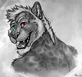anthro beard blue_eyes ear_piercing ear_ring facial_hair gauged_ear hair heterochromia industrial_piercing looking_at_viewer male male_anthro open_mouth open_smile piercing red_eyes ring_piercing short_hair simple_background smile solo whiskers chumbasket 2016 dated partially_colored signature
