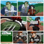 aaron_(artist) alligator alligatorid andy_porter annoyed annoyed_expression anthro backpack bernard_(aaron) bernese_mountain_dog big_bulge big_butt black_body black_bottomwear black_clothing black_fur black_hair black_hoodie black_pants black_topwear border bottomless bottomless_male bottomwear brick_wall brown_body brown_fur buckteeth bulge butt butt_slap canid canine canis clothed clothing college college_student comic countershade_face countershading crocodilian cross-popping_vein crossed_arms dialogue dipstick_ears domestic_dog duo ear_piercing english_text eyebrow_piercing facial_hair facial_piercing fingerless_(marking) fingerless_gloves_(marking) fraternity fur gator_jock_(aaron) gloves_(marking) graphic_tee green_body green_eyes green_scales grey_clothing grey_shirt grey_topwear hair hand_on_shoulder hands_on_hips hi_res hiding hoodie jacket jewelry lagomorph leporid letterman_jacket long_ears long_hair male male/male mammal marcelo_(aaron) markings molosser mountain_dog multicolored_ears muscular muscular_anthro muscular_male omega_symbol onomatopoeia orange_eyes orange_hair outside pants piercing plant profanity rabbit red_clothing red_eyes red_shirt red_topwear reptile scales scalie school sharp_teeth shirt short_ears short_hair sky slap sore_bottom sound_effects speech_bubble spiky_hair swiss_mountain_dog tail tail_motion tail_whip tan_body tan_fur teeth tenting text topwear tree url wall_(structure) white_border wolf