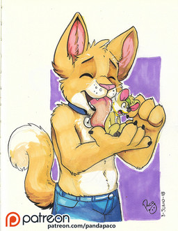 anthro black_claws blue_collar claws clothed clothing collar dipstick_tail duo extreme_size_difference eyes_closed fangs fur holding_another larger_young logo male markings nude on_hand open_mouth open_smile patreon_logo pink_inner_ear pink_nose pink_tongue size_difference smile standing tail tail_markings teeth text tongue tongue_out topless whiskers white_body white_fur yellow_body yellow_fur young young_anthro young_male pandapaco patreon domestic_cat felid feline felis mammal mouse murid murine rodent artist_logo signature url