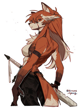 anthro bottomwear breasts clothed clothing featureless_breasts female fur hair medium_breasts melee_weapon one_eye_obstructed orange_body orange_fur orange_hair pants solo sword topless topless_female weapon noname_myeong jeanne_(noname_myeong) canid canine fox mammal absurd_res hi_res