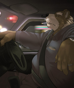 anthro belly bottomwear brown_body brown_fur car cigarette cigarette_in_mouth clock clothing detailed_background driving fur humanoid_hands inside_car inside_vehicle kemono male mature_male object_in_mouth overweight overweight_male pants right-hand_drive seat_belt shirt smoking solo steering_wheel topwear vehicle watch wristwatch kotori canid canine mammal raccoon_dog tanuki 2022 hi_res japanese_description