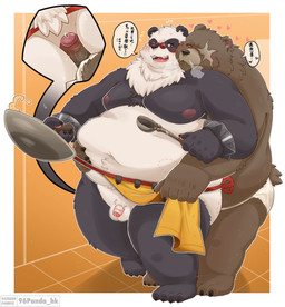 anthro apron apron_only balls belly blush bodily_fluids butt clothing cooking duo erection eyewear foreskin genital_fluids genitals glasses hot_dogging hug hugging_another hugging_from_behind male male/male moobs navel nipples overweight penis precum sex wok 96panda mihoyo zenless_zone_zero ben_bigger pan_yinhu bear brown_bear giant_panda mammal ursine absurd_res hi_res