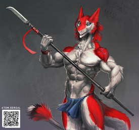 abs anthro bottomwear clothing fur loincloth male melee_weapon polearm qr_code red_body red_fur simple_background solo spear tail weapon white_body white_fur atom_sergal sergal 2023 hi_res