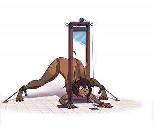 5_fingers 5_toes ambiguous_gender ankle_cuffs arms_tied ass_up bdsm bondage bound brown_hair brown_nose chain chained cuff_(restraint) feet fingers front_view fully_bound guillotine hair imminent_death jack-o'_pose legs_tied lock mouth_hold nude peril pose predicament_bondage restraints shackled shackles simple_background slim slim_humanoid solo tail tan_body tan_skin tan_tail toes white_background yellow_eyes conquistabear roni_navarre_(frick-frack) lagomorph leporid mammal rabbit andromorph_(lore) nonbinary_(lore) trans_(lore) trans_man_(lore)