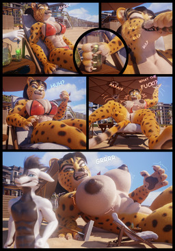 abs anthro areola athletic athletic_anthro athletic_female bared_teeth beach beverage biceps big_breasts bikini bikini_bottom bikini_top biped black_hair blue_eyes breast_squish breasts brown_nipples brown_vulva claws clothing comic_panel countershading dialogue drinking duo erect_nipples eyelashes facial_markings female female_anthro fur genitals growling growth growth_sequence hair head_markings huge_breasts macro macro_anthro macro_female male markings multiple_angles muscular muscular_anthro muscular_female nipple_outline nipples open_mouth outside pawpads solo spikes spikes_(anatomy) spots spotted_body spotted_fur spread_legs spreading squish sun swimwear teeth text two-piece_swimsuit vulva whiskers white_body yellow_body yellow_eyes yellow_fur johnwulffe mythology chenira_(johnwulffe) dereck_(johnwulffe) cheetah dragon felid feline felis mammal mythological_creature mythological_scalie scalie 3d_(artwork) colored comic comic_sans digital_media_(artwork) hi_res