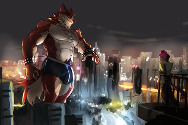 abs anthro bracelet bulge chest_tuft city clothed clothing duo jewelry macro male male/male muscular muscular_male night pecs scar size_difference tuft underwear underwear_only kt_shaddow lycan_west_(fortnite) canid canine canis mammal wolf absurd_res hi_res