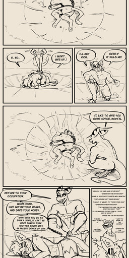abs anthro beaten beaten_up bottomwear bruised clothing crater defeated dialogue duo laugh male muscular muscular_anthro muscular_male nipples nude_anthro nude_male retail retail_worker shirtless_anthro shirtless_male shorts speech_bubble text thought thought_bubble thoughts torn_clothing wounded 60percentscalie yamcha_death_pose dovak demon felid mammal pantherine snow_leopard absurd_res comic english_text hi_res